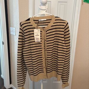 Zara Women's Black and Tan Striped Cardigan
